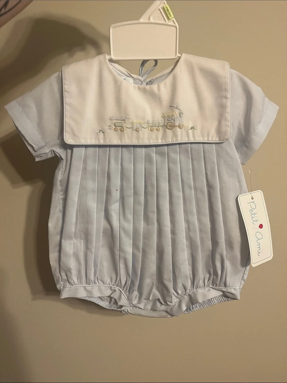 Petit Ami Pale Blue Pleated Baby Romper with Train Motif